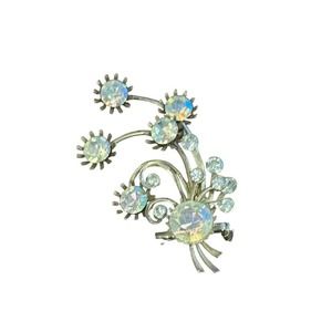 Vintage Brooch Art Deco Flower Stem Silver Tone Unsigned AB Faceted Rhinestones